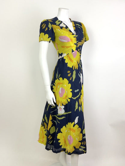 VINTAGE 60s 70s NAVY BLUE YELLOW PINK FLORAL V-NECK SWING SUMMER DRESS 8 10