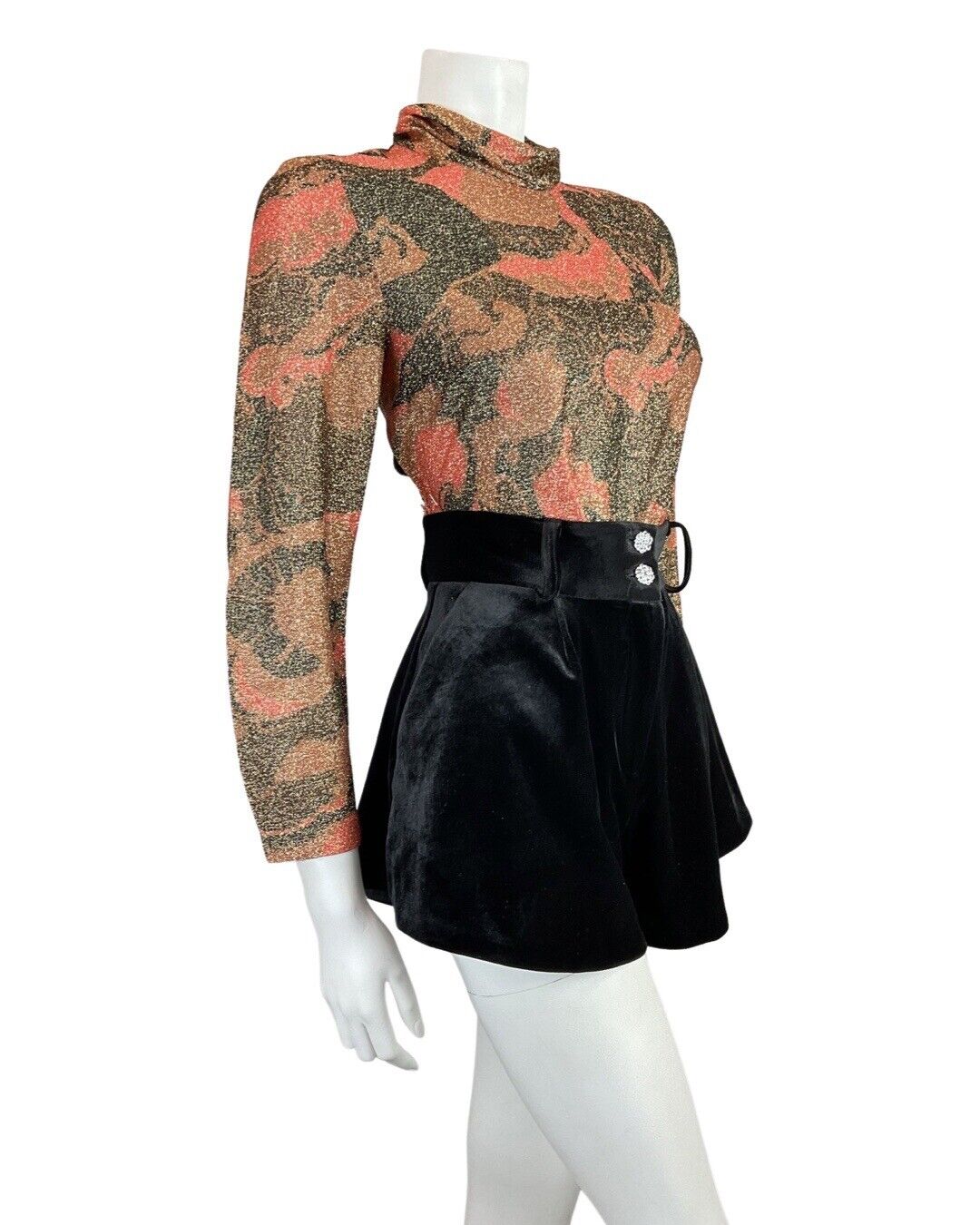 VINTAGE 60s 70s BROWN ORANGE GOLD PSYCHEDELIC TURTLENECK DISCO LUREX BLOUSE 12