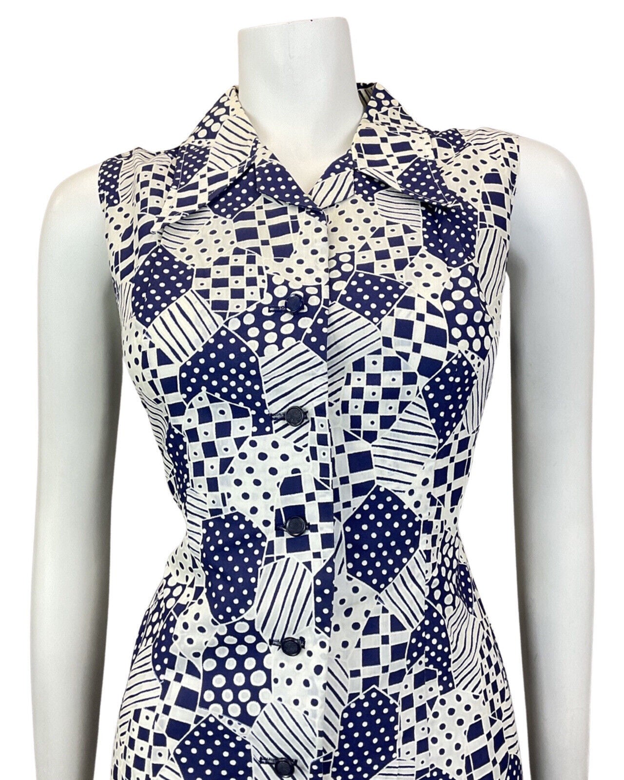 VINTAGE 60s 70s NAVY BLUE WHITE PATCHWORK PSYCHEDELIC MOD DAGGER SHIRT DRESS 10