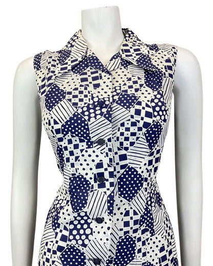 VINTAGE 60s 70s NAVY BLUE WHITE PATCHWORK PSYCHEDELIC MOD DAGGER SHIRT DRESS 10