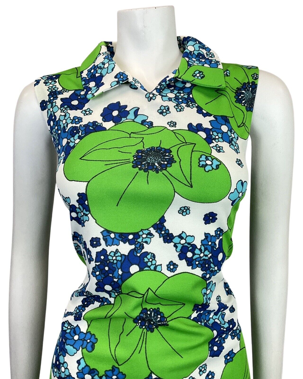 VINTAGE 60s 70s GREEN BLUE WHITE FLORAL MOD SUMMER SLEEVELESS DRESS 10