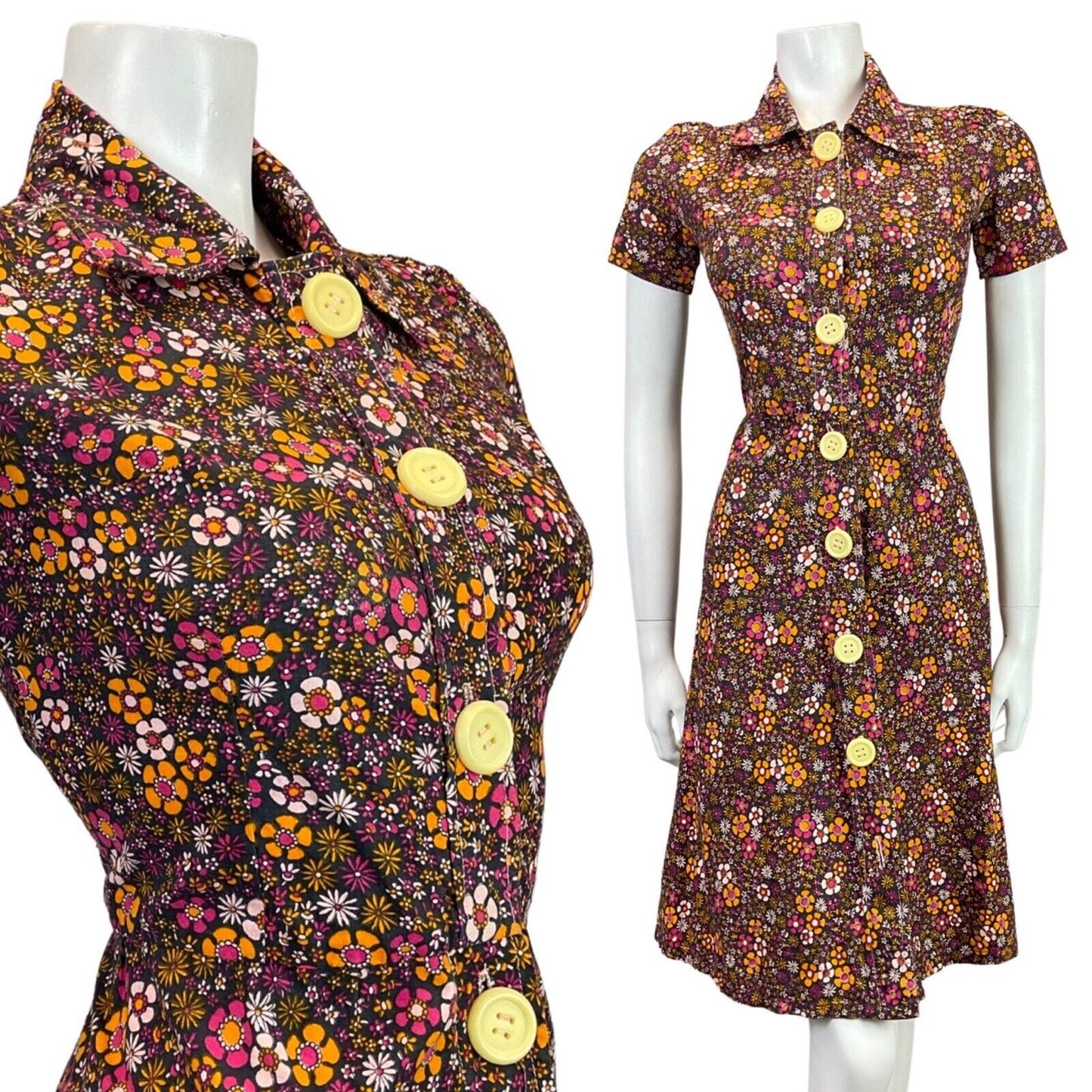 VINTAGE 60s 70s BLACK PINK PURPLE ORANGE FLORAL DITSY MOD DAGGER SHIRT DRESS 8