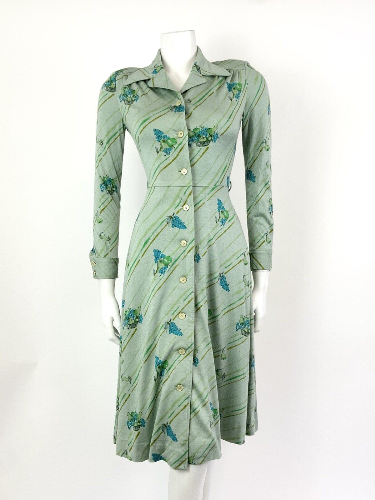 VTG 60s 70s GREEN BLUE YELLOW STRIPED FRUIT GRAPES MOD DAGGER SHIRT DRESS 8 10