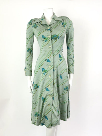 VTG 60s 70s GREEN BLUE YELLOW STRIPED FRUIT GRAPES MOD DAGGER SHIRT DRESS 8 10