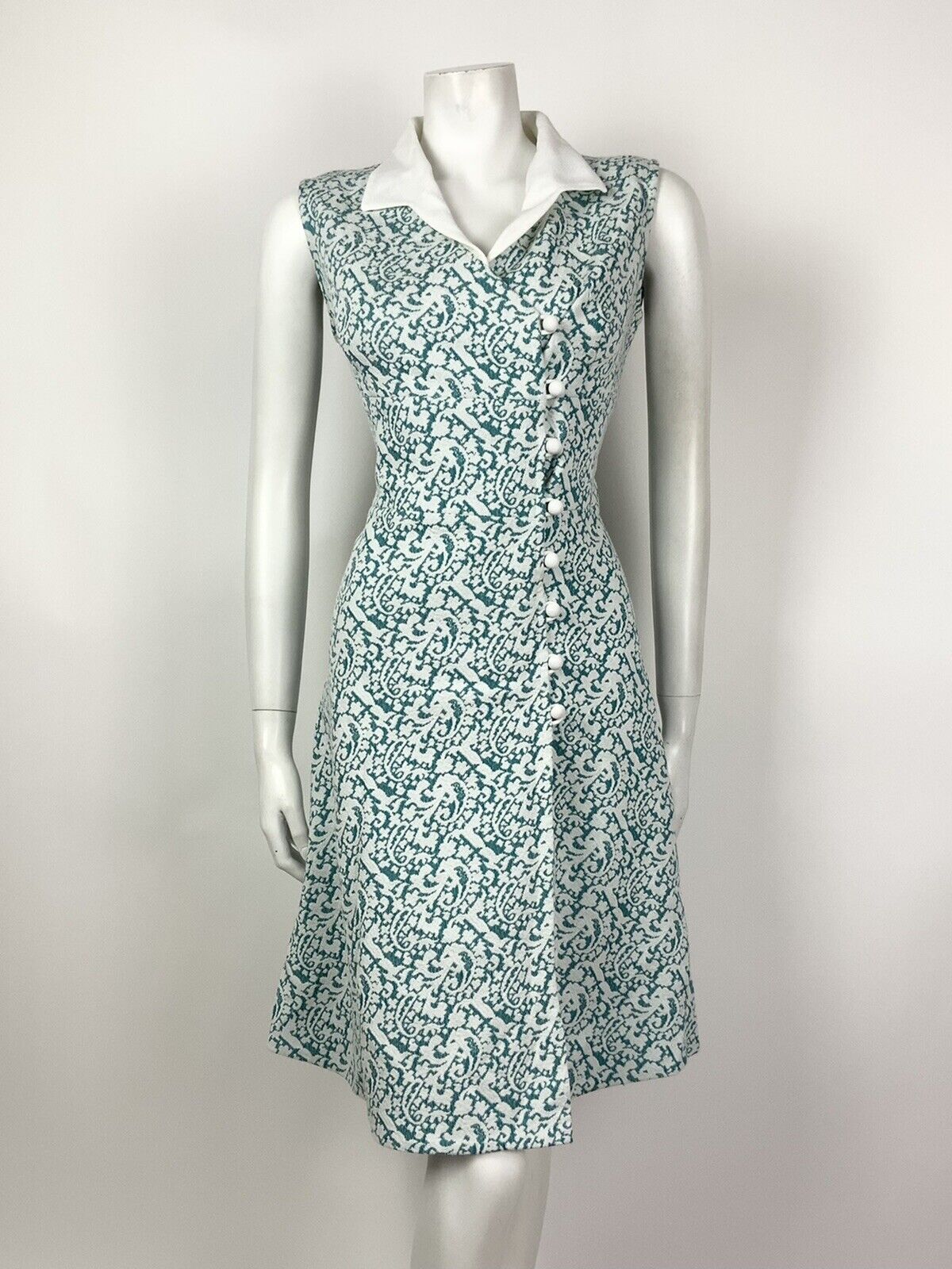 VINTAGE 60s 70s GREEN WHITE PAISLEY FLORAL WRAP DRESS 14