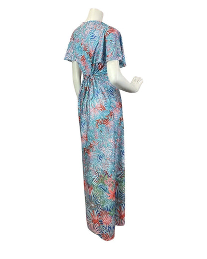 VINTAGE 60s 70s BLUE RED PEACH PSYCHEDELIC PALM LEAF FLORAL CAPED MAXI DRESS 14
