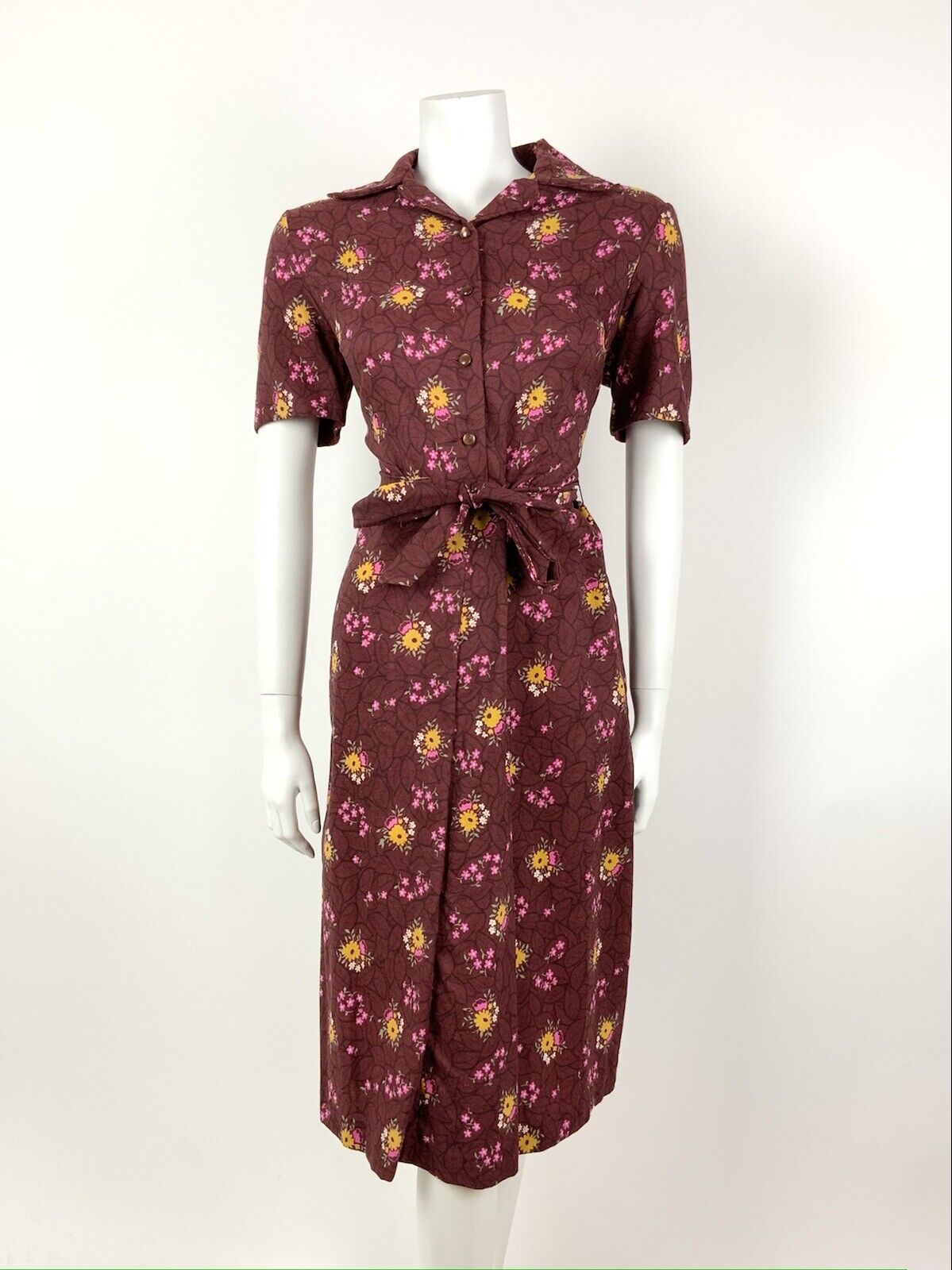 VINTAGE 60s 70s WINE RED YELLOW PINK LEAFY FLORAL DAGGER SHIRT DRESS 16 18