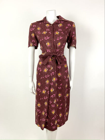 VINTAGE 60s 70s WINE RED YELLOW PINK LEAFY FLORAL DAGGER SHIRT DRESS 16 18