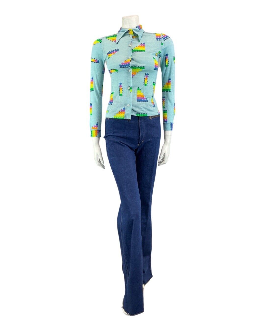 VINTAGE 60s 70s BLUE GREEN YELLOW GEOMETRIC DOTTY MOD DAGGER COLLAR SHIRT 4