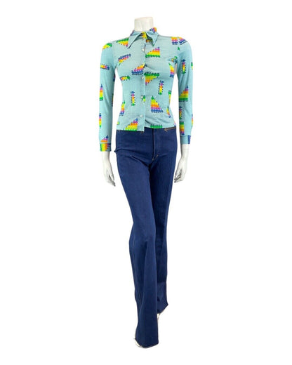 VINTAGE 60s 70s BLUE GREEN YELLOW GEOMETRIC DOTTY MOD DAGGER COLLAR SHIRT 4