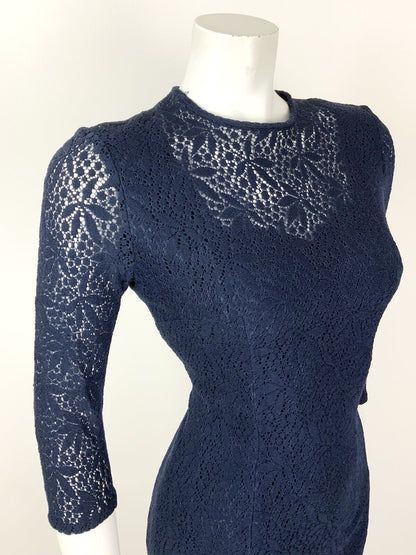 VINTAGE 60s 70s NAVY BLUE FLORAL LACE MOD PENCIL DRESS 12 14