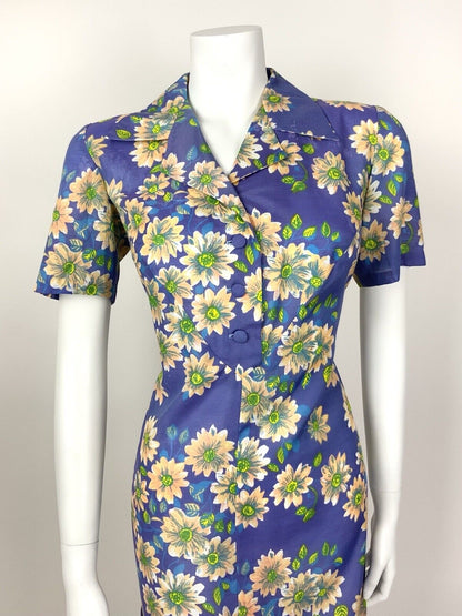 VINTAGE 60s 70s PURPLE PEACH BLUE YELLOW FLORAL DAGGER COLLAR SHIRT DRESS 12 14