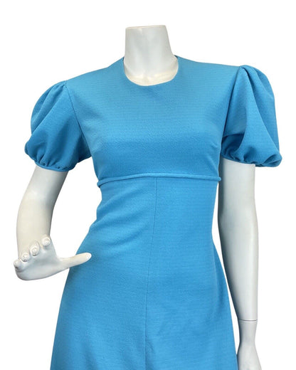 VINTAGE 60s 70s BRIGHT BLUE PUFF SLEEVE MOD MAXI DRESS 10 12