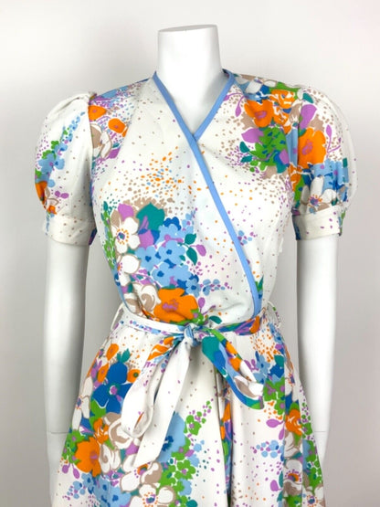 VINTAGE 60s 70s WHITE BLUE ORANGE PURPLE FLORAL WRAP SUMMER DRESS 10 12