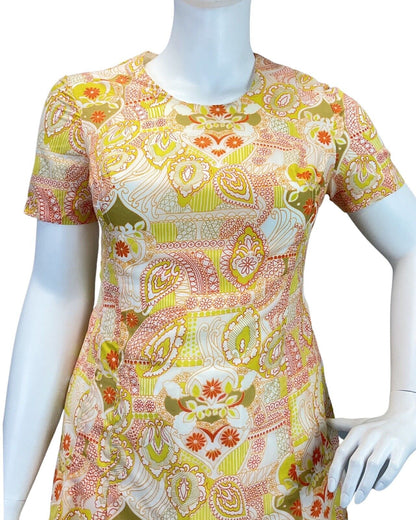 VINTAGE 60s 70s YELLOW RED WHITE PSYCHEDELIC PAISLEY FLORAL MOD DRESS 16 18