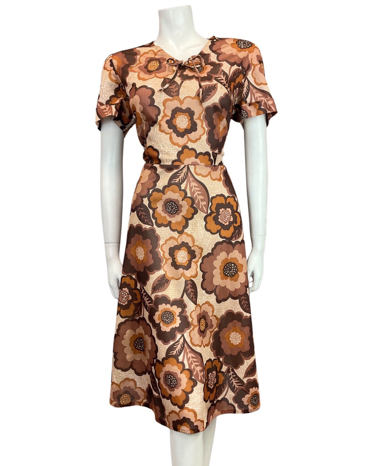 VINTAGE 60s 70s BROWN CREAM ORANGE FLORAL DAISY MOD SWING DRESS 16