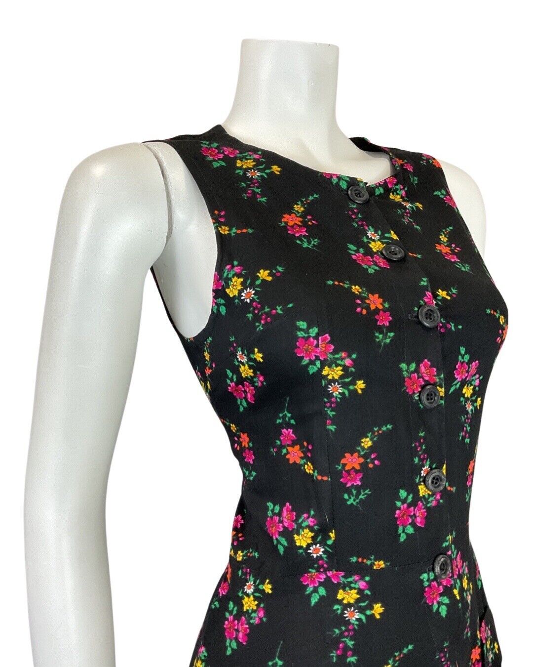 VINTAGE 60s 70s BLACK PINK GREEN DITSY FLORAL SLEEVELESS SUMMER DRESS 10