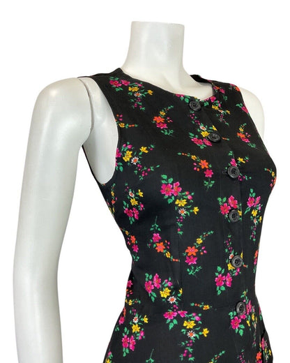 VINTAGE 60s 70s BLACK PINK GREEN DITSY FLORAL SLEEVELESS SUMMER DRESS 10
