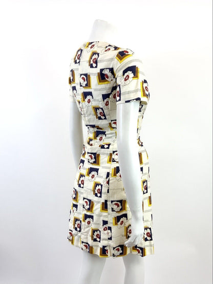 VTG 60s 70s CREAM BLUE RED YELLOW STRIPED GEOMETRIC FLORAL MOD MINI DRESS 10 12