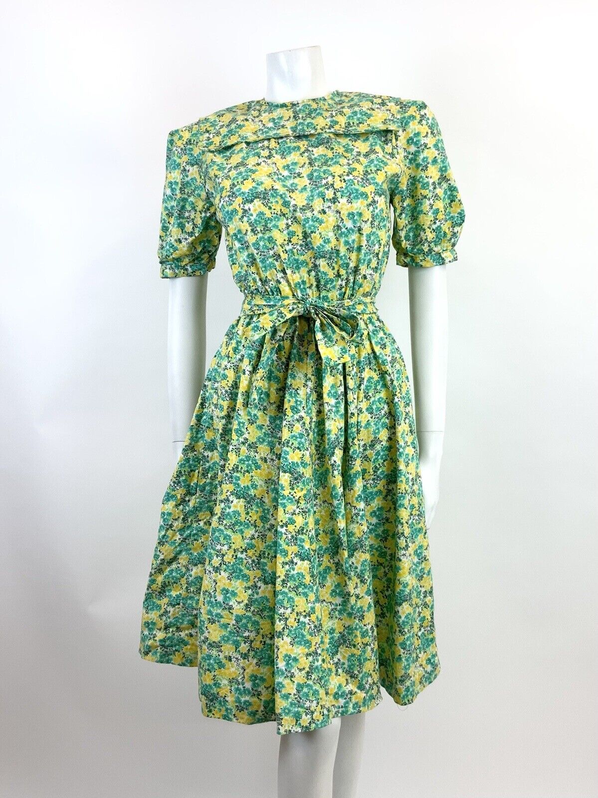 VINTAGE 60s 70s GREEN YELLOW WHITE FLORAL DITSY PRAIRIE FOLK SWING DRESS 8 10