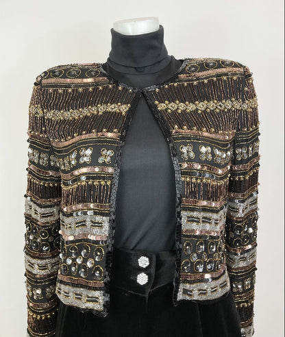 VTG 70s BLACK BRONZE SILVER DECO STRIPED BEADED SEQUIN PARTY TROPHY JACKET 8 10