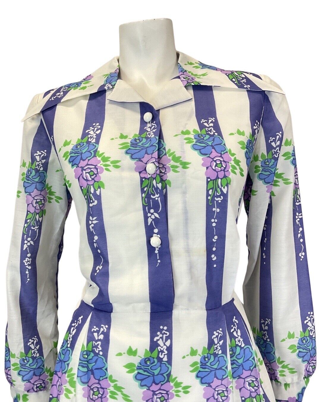 VINTAGE 60s 70s WHITE PURPLE BLUE STRIPED FLORAL WING COLLAR SHIRT DRESS 12 14