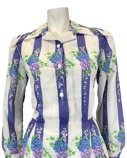 VINTAGE 60s 70s WHITE PURPLE BLUE STRIPED FLORAL WING COLLAR SHIRT DRESS 12 14