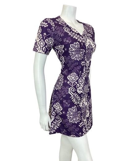 VINTAGE 60s 70s VIOLET PURPLE WHITE AZTEC GEOMETRIC MOD SHORT DRESS 10 12