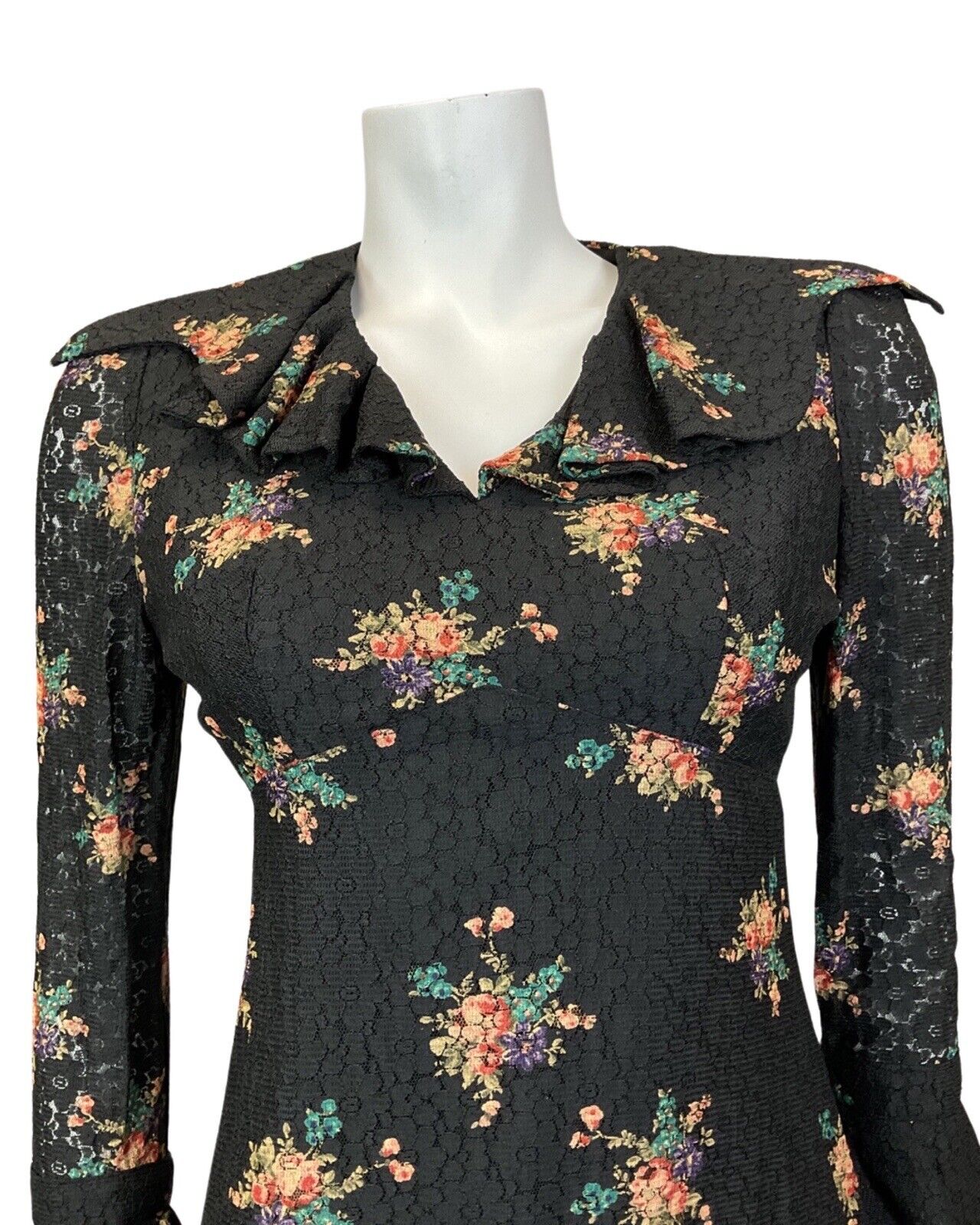 VINTAGE 60s 70s BLACK GREEN LILAC BOUQUET FLORAL LACE RUFFLE SHORT DRESS 8