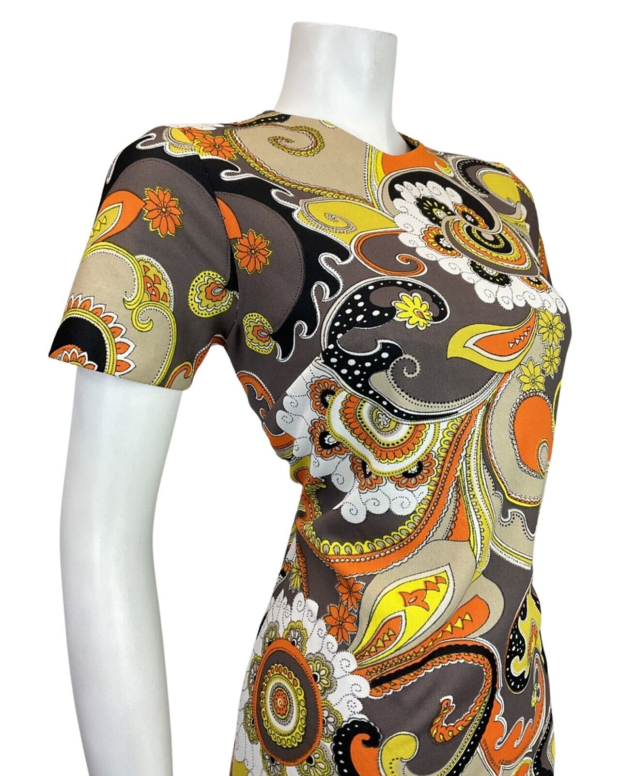 VINTAGE 60s 70s GREY YELLOW BLACK ORANGE PSYCHEDELIC MANDALA FLORAL MOD DRESS 12