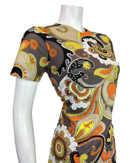 VINTAGE 60s 70s GREY YELLOW BLACK ORANGE PSYCHEDELIC MANDALA FLORAL MOD DRESS 12