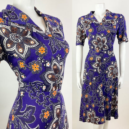 VINTAGE 60s 70s PURPLE WHITE ORANGE PSYCHEDELIC FLORAL DOTTY SHIRT DRESS 12