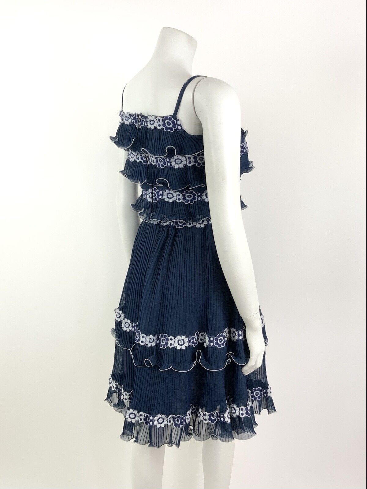 VINTAGE 60s 70s NAVY BLUE WHITE FLORAL PLEATED STRAPPY SUMMER RUFFLE DRESS 4