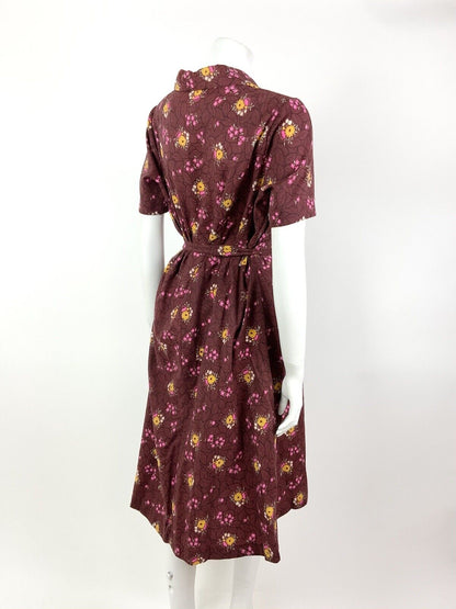 VINTAGE 60s 70s WINE RED YELLOW PINK LEAFY FLORAL DAGGER SHIRT DRESS 16 18