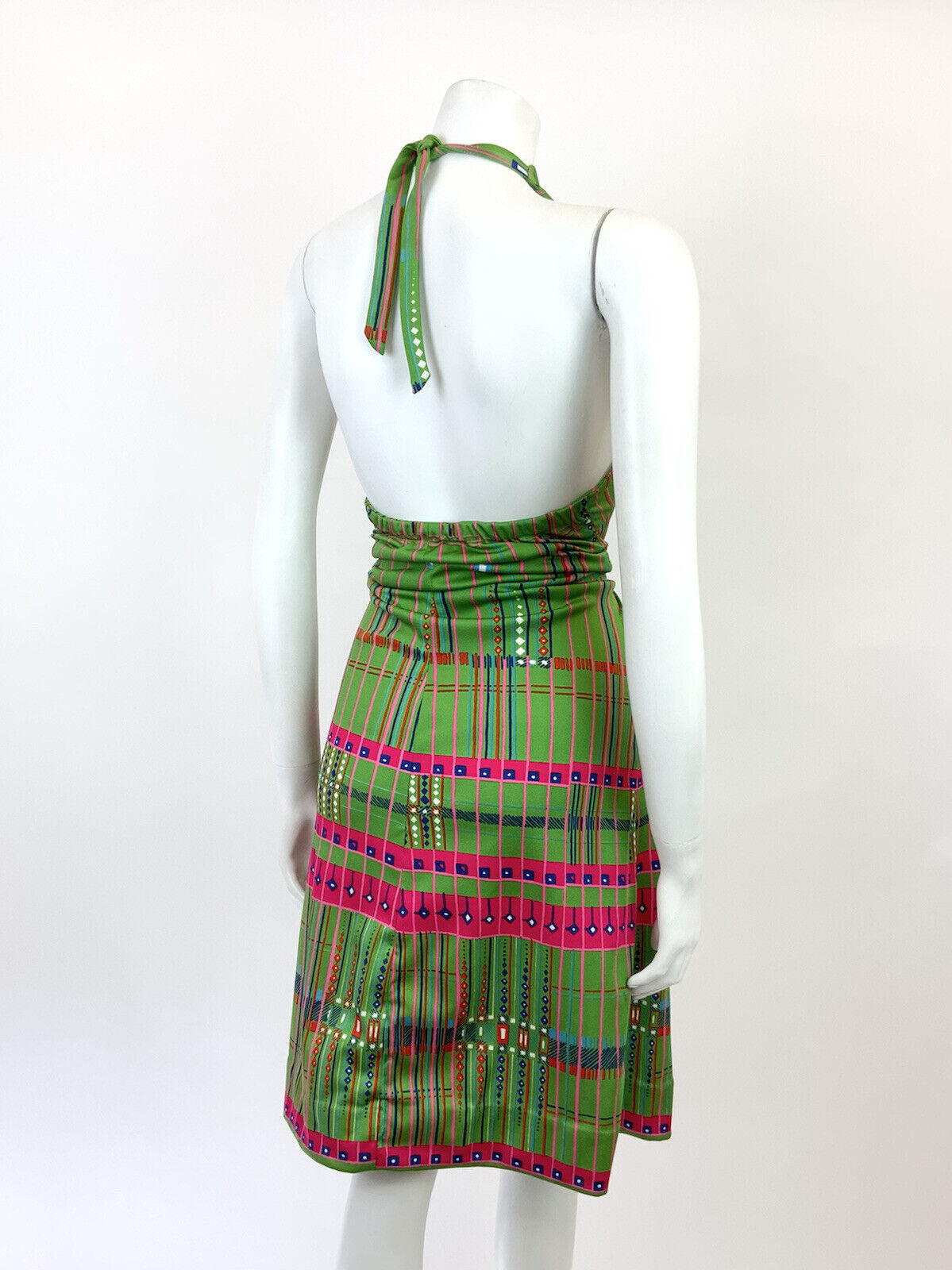 VINTAGE 60s 70s GREEN BLUE PINK GEOMETRIC STRIPED HALTER DRESS 10