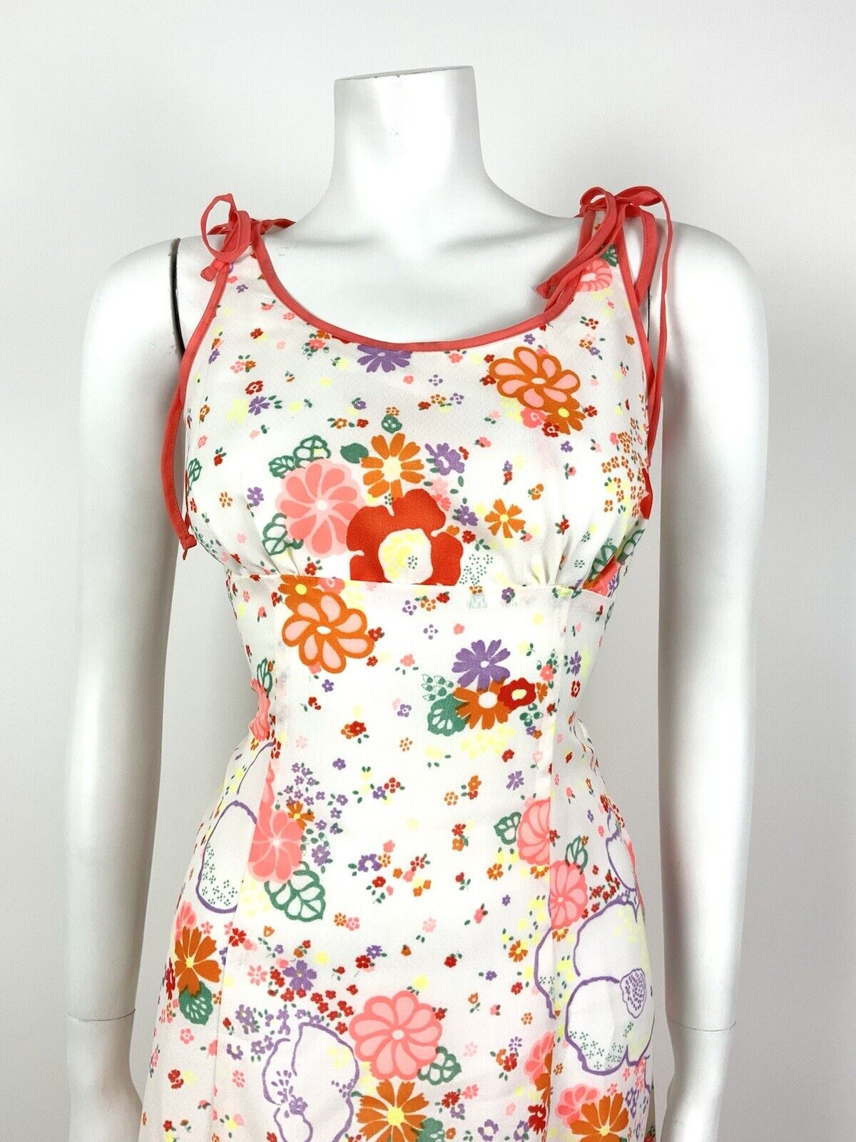 VINTAGE 60s 70s WHITE ORANGE PINK GREEN FLORAL DITSY EMPIRE LINE SUMMER DRESS 10