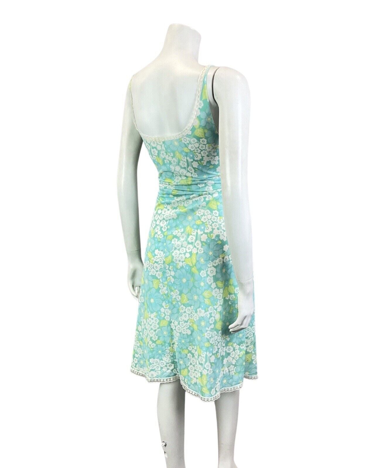 VINTAGE 60s 70s BLUE GREEN WHITE DAISY FLOWER LACE SUMMER NIGHT SLIP DRESS 14 16