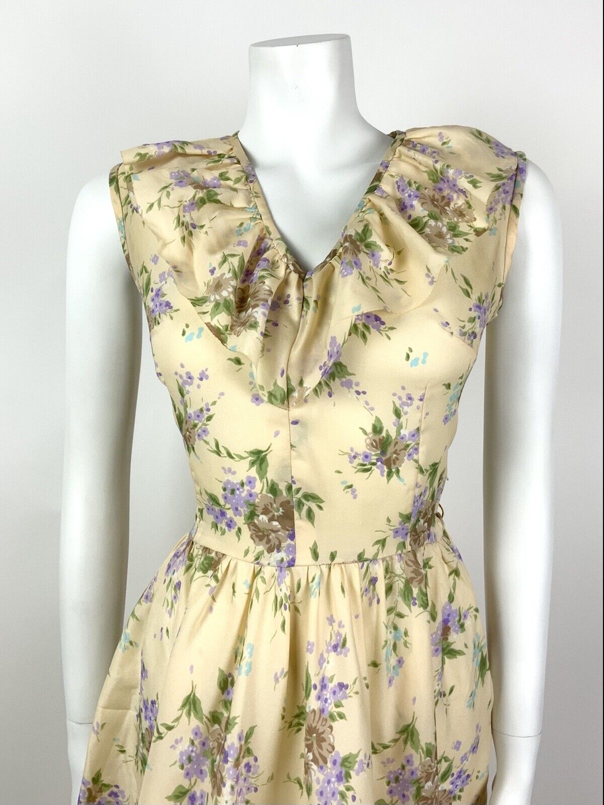 VINTAGE 60s 70s CREAM BROWN GREEN PURPLE FLORAL RUFFLE FLOATY DRESS 10 12