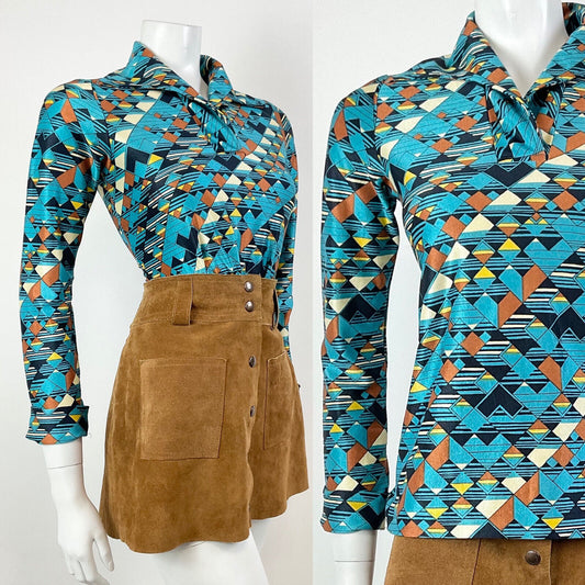 VTG 60s 70s METALLIC BLUE BRONZE CREAM GEOMETRIC CHECKED DAGGER BLOUSE 8 10