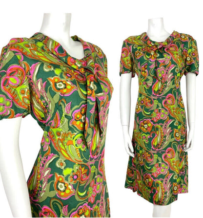 VTG 60s 70s LIME GREEN PINK ORANGE SHAWL PSYCHEDELIC FLORAL SHIFT DRESS 12 14