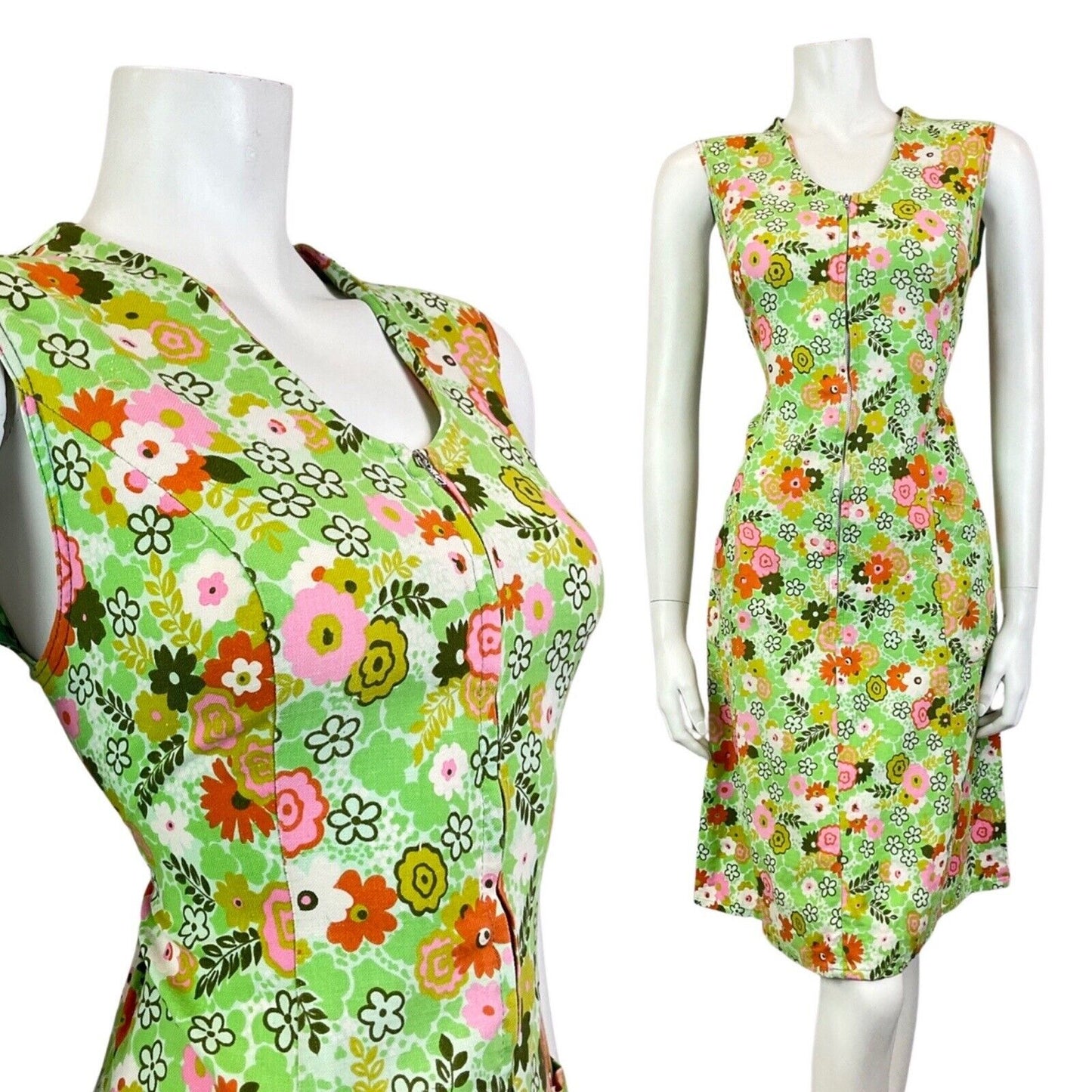 VINTAGE 60s 70s GREEN PINK WHITE FLORAL PSYCHEDELIC ZIP-UP MOD DRESS 12