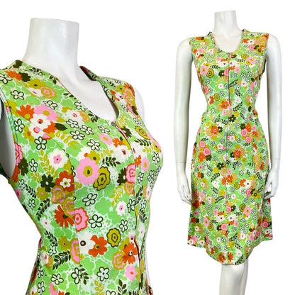 VINTAGE 60s 70s GREEN PINK WHITE FLORAL PSYCHEDELIC ZIP-UP MOD DRESS 12