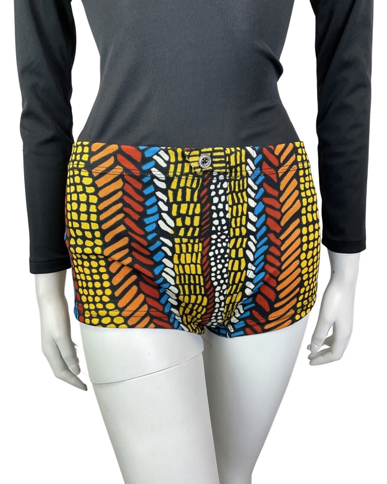 VINTAGE 60s 70s BLACK BLUE YELLOW GEOMETRIC DASH DOTTY HIPSTER SWIM SHORTS 10 12