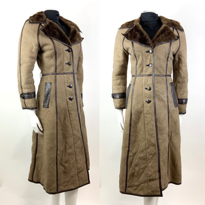 VTG 70s LIGHT BROWN PANELLED TIE WAIST SUEDE LEATHER DAGGER COLLAR COAT 8 10