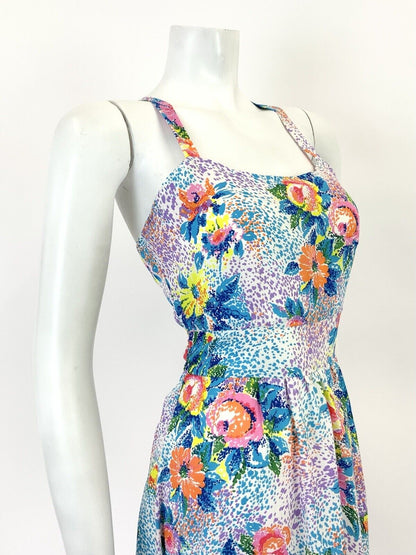 VTG 60s 70s WHITE BLUE PINK PURPLE FLORAL POINTILLISM PSYCHEDELIC SUN DRESS 8 10
