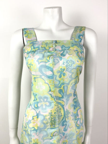 VTG 60s 70s BLUE PINK YELLOW GREEN PSYCHEDELIC FLORAL SLEEVELESS PINNY DRESS 10