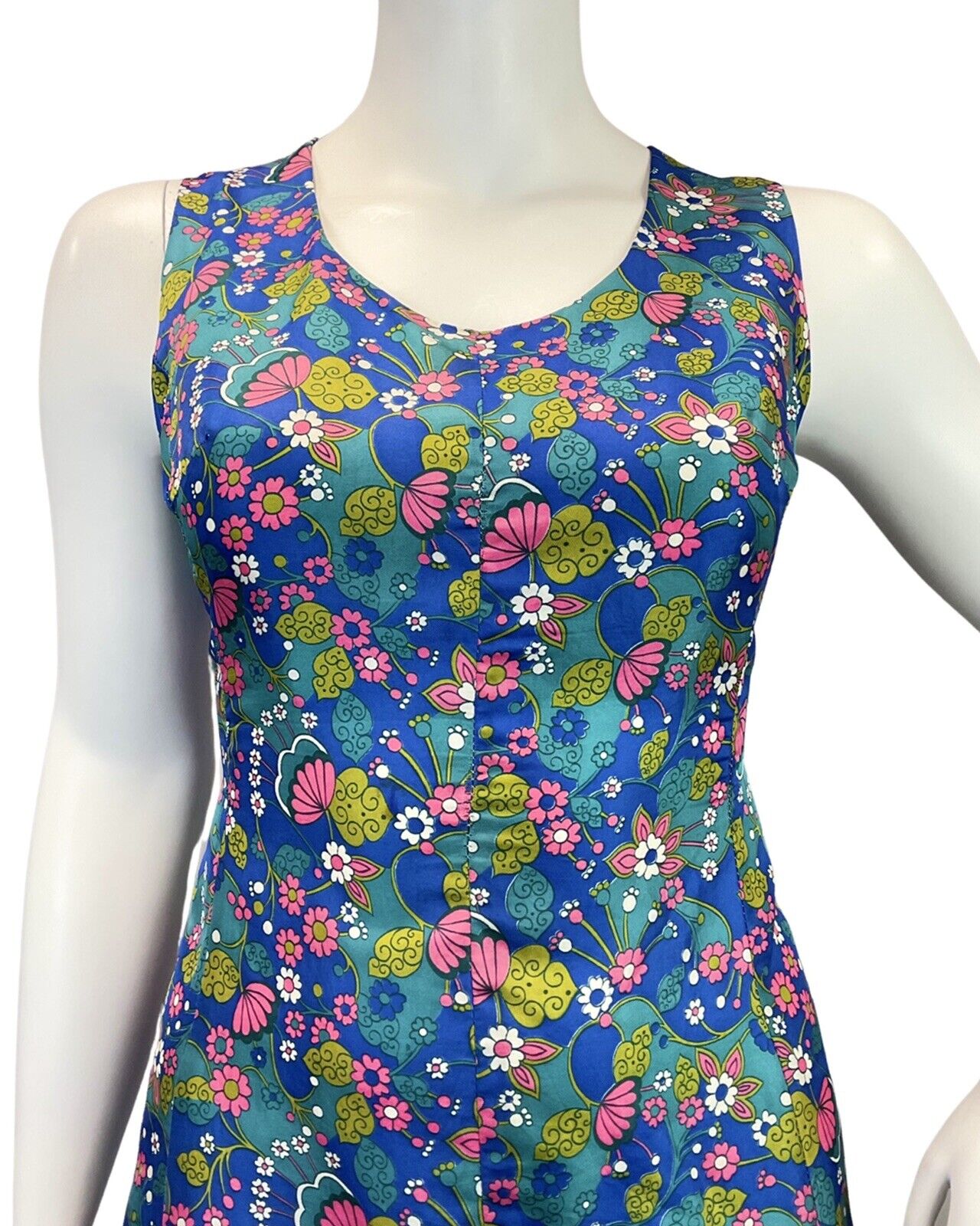 VINTAGE 60s 70s BLUE PINK GREEN PSYCHEDELIC FLORAL DAISY SLEEVELESS DRESS 16