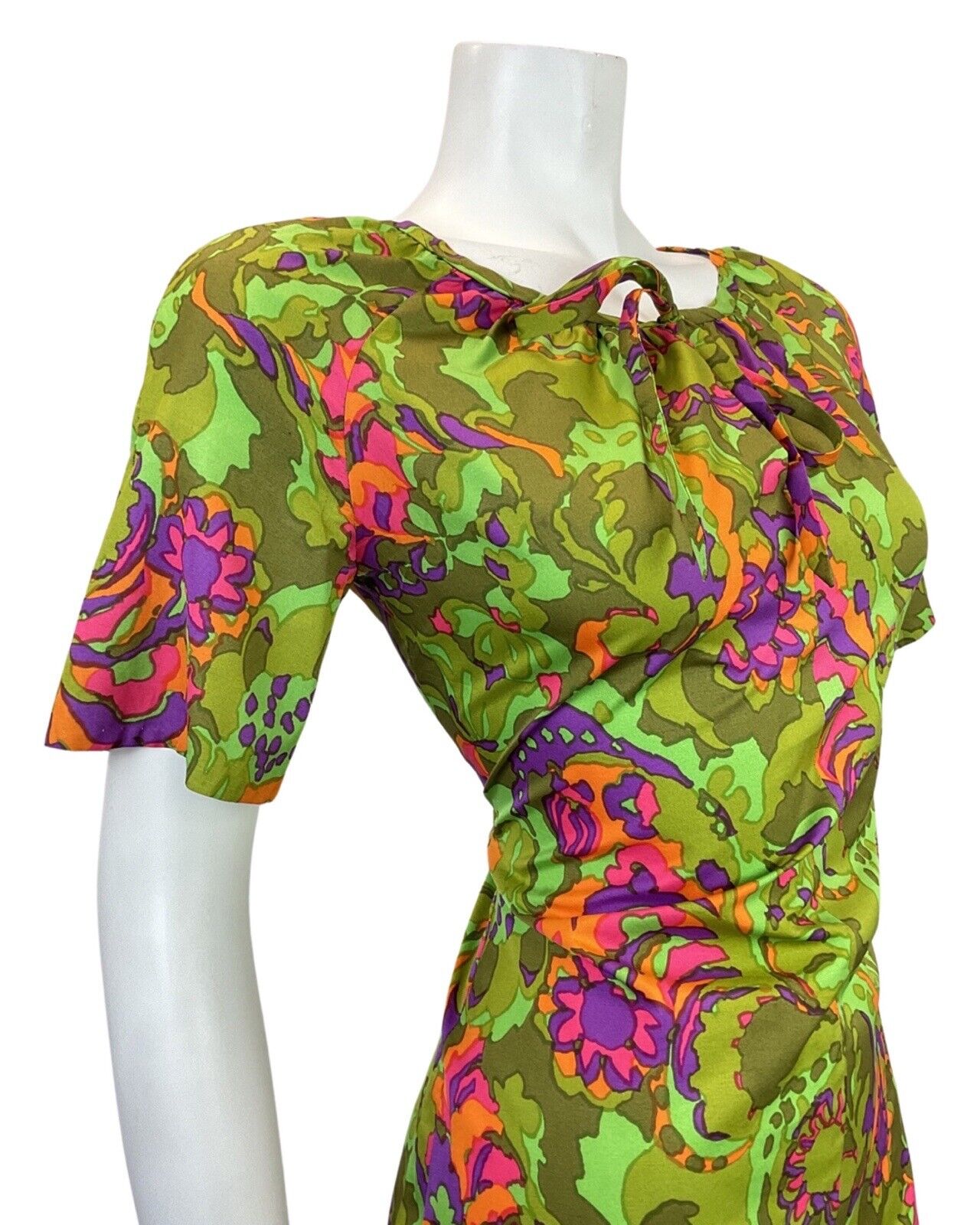 VINTAGE 60s 70s GREEN PURPLE ORANGE PSYCHEDELIC FLORAL SUMMER DRESS 12