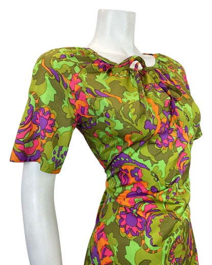 VINTAGE 60s 70s GREEN PURPLE ORANGE PSYCHEDELIC FLORAL SUMMER DRESS 12