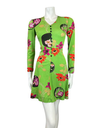 VINTAGE 60s 70s GREEN RED BLACK FLORAL BUTTON-UP SKATER SWING DRESS 8 10